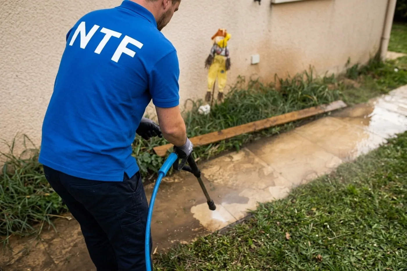 Technicien NTF nettoyant une allée en pierre naturelle à Meaux Technicien NTF nettoyant une allée en pierre naturelle à Meaux