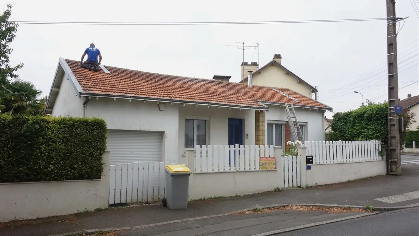 Technicien NTF sur une toiture en tuiles avant application de peinture à Meaux Technicien NTF sur une toiture en tuiles avant application de peinture à Meaux