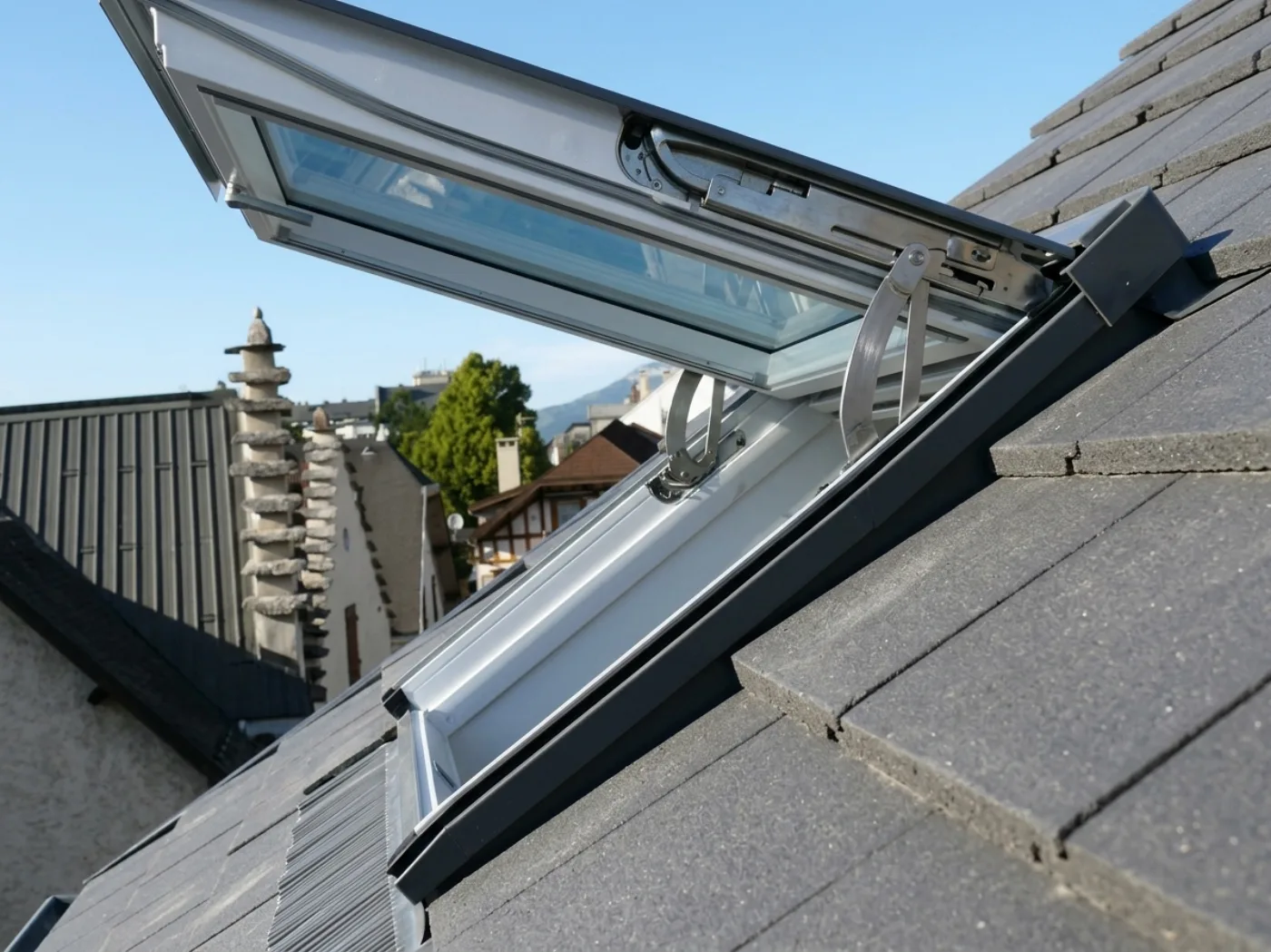 Gros plan mécanisme d'un Velux posé par NTF à Meaux Gros plan mécanisme d'un Velux posé par NTF à Meaux